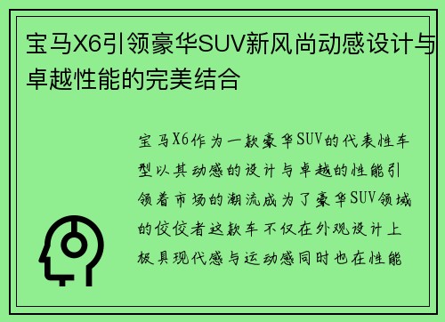 宝马X6引领豪华SUV新风尚动感设计与卓越性能的完美结合 宝马X6引领豪华SUV新风尚动感设计与卓越性能的完美结合